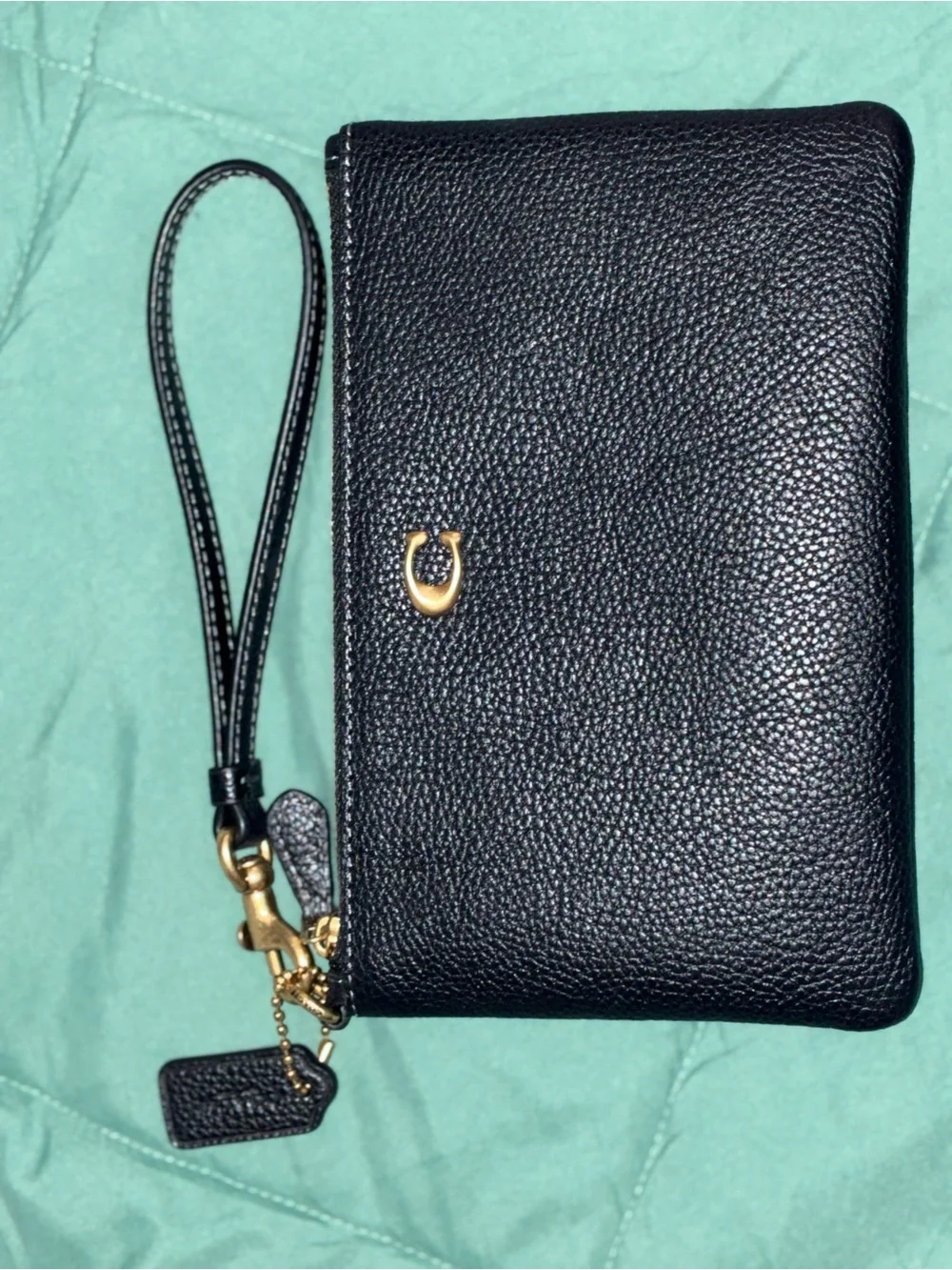 Coach Black Pebbled Leather Wristlet Phone Case with Gold Hardware